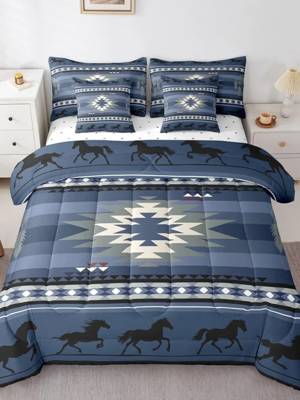 Blue Rustic Western Comforter Set with Sheets Southwestern Aztec 7 Piece Bedding
